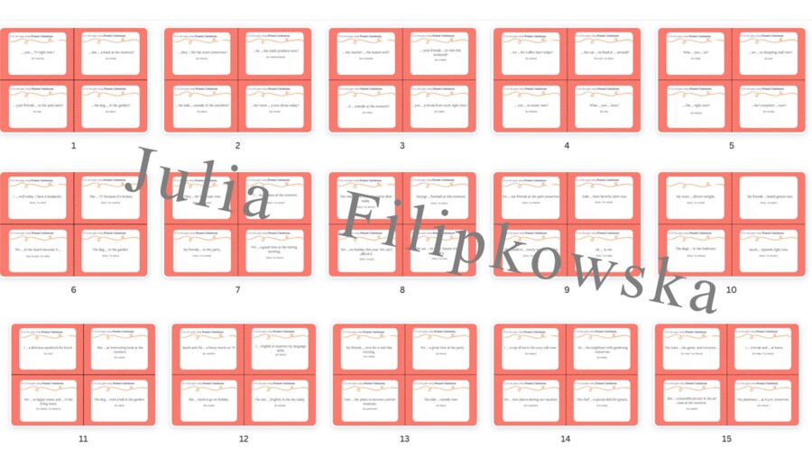 Present Continuous/ Speaking cards/ Speaking/ Set/ Package/ Conversations/ Grades 4-8/ Grades 4-6/ Grades 6-8/ Primary school/ Warm-up/ Speaking cards/ Grammar/ Grammar/ Speaking cards grammar / Grammar cards/ Presente continuo/ Schede parlanti/ Conversa