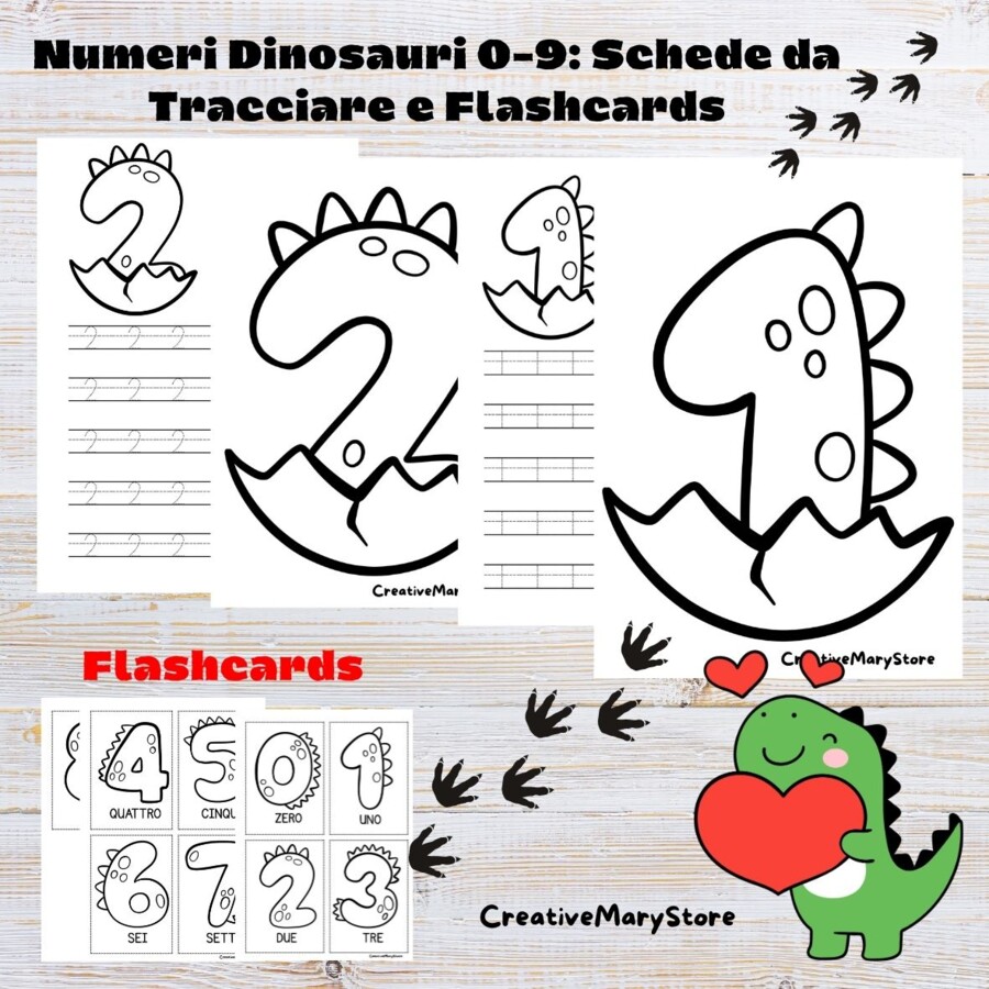 Numeri Dinosauri 0-9: Schede da Tracciare e Flashcards.