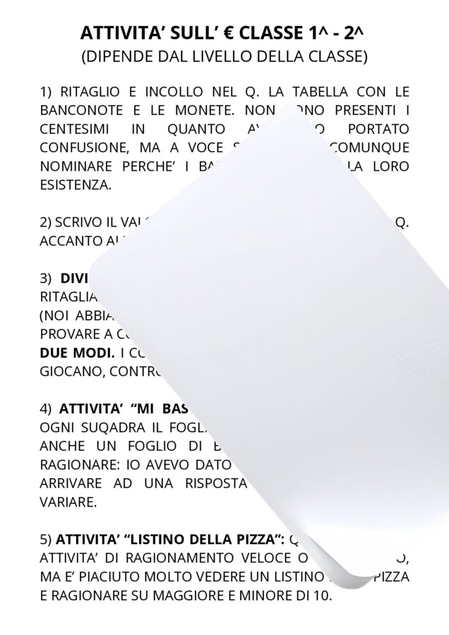 Attività sull' euro - matematica classe 1^ - 2^ primaria