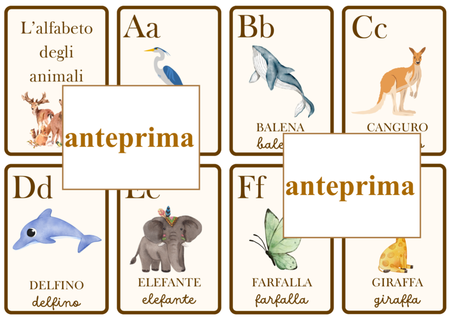 Carte dell'alfabeto degli animali con espansioni per leggere e per scrivere