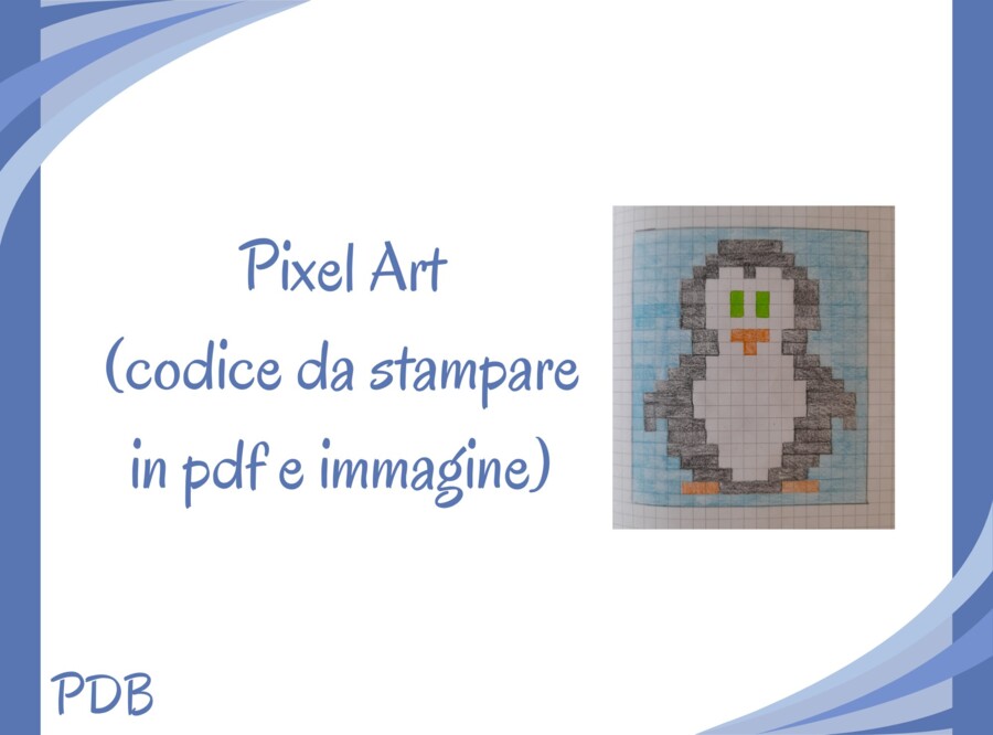 Pixel Art (Coding unplugged) – pinguino su sfondo azzurro