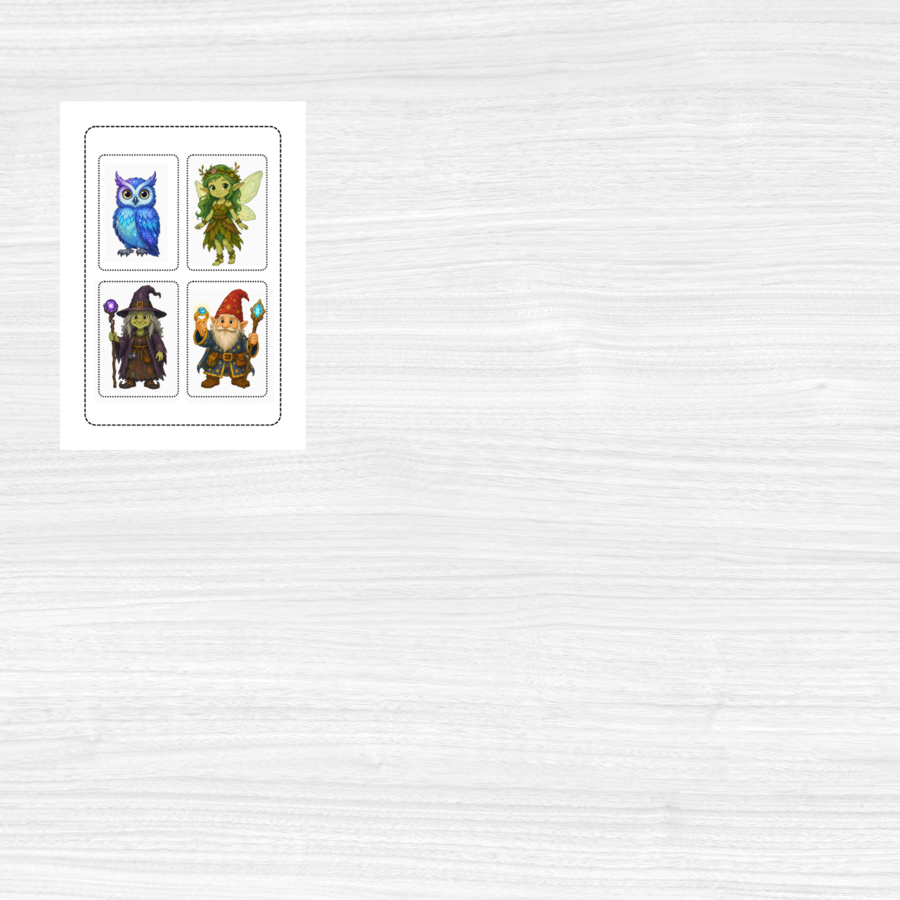 Flashcards con personaggi fantasy da descrivere sul quaderno