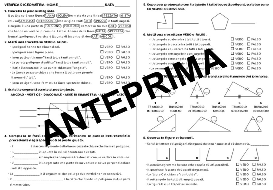 VERIFICA SUI POLIGONI - FIGURE PIANE CLASSI TERZA E/O QUARTA SCUOLA PRIMARIA
