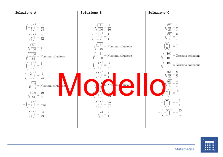 Quadrato e radice quadrata di frazioni positive e negative | matematica | 26 colonne