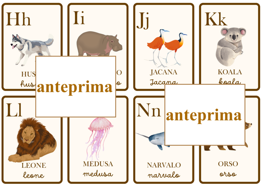 Carte dell'alfabeto degli animali con espansioni per leggere e per scrivere