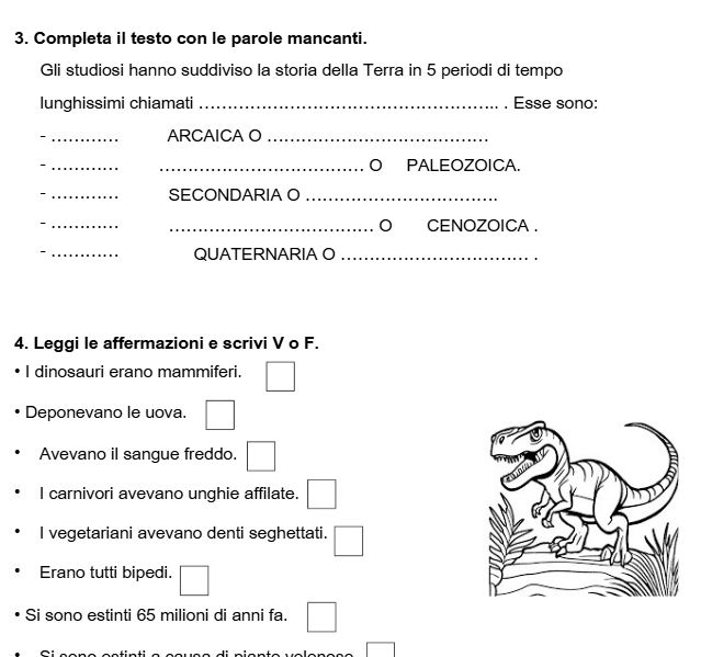 VERIFICA DI STORIA per la CLASSE + VERIFICA SEMPLIFICATA per alunni con PDP e PEI: Origine della Terra, ere geologiche, dinosauri, fossili.