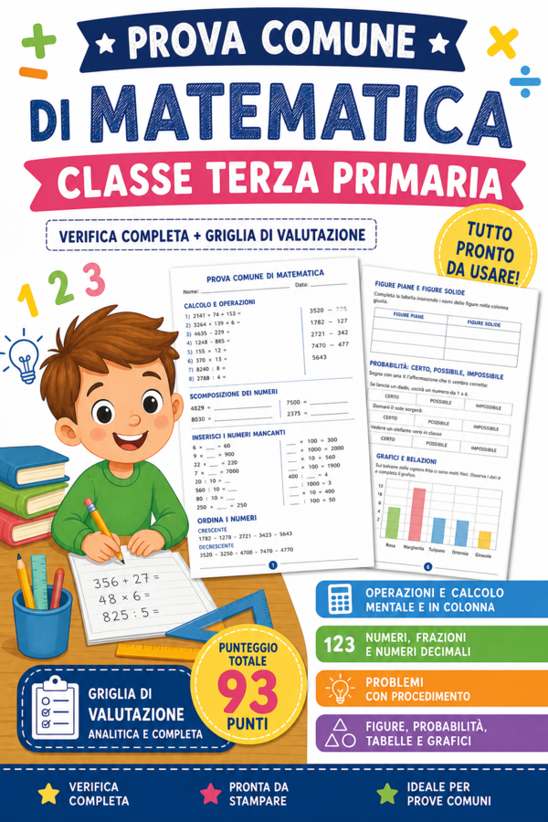 Verifica matematica classe terza primaria – prova completa + griglia di valutazione stampabile