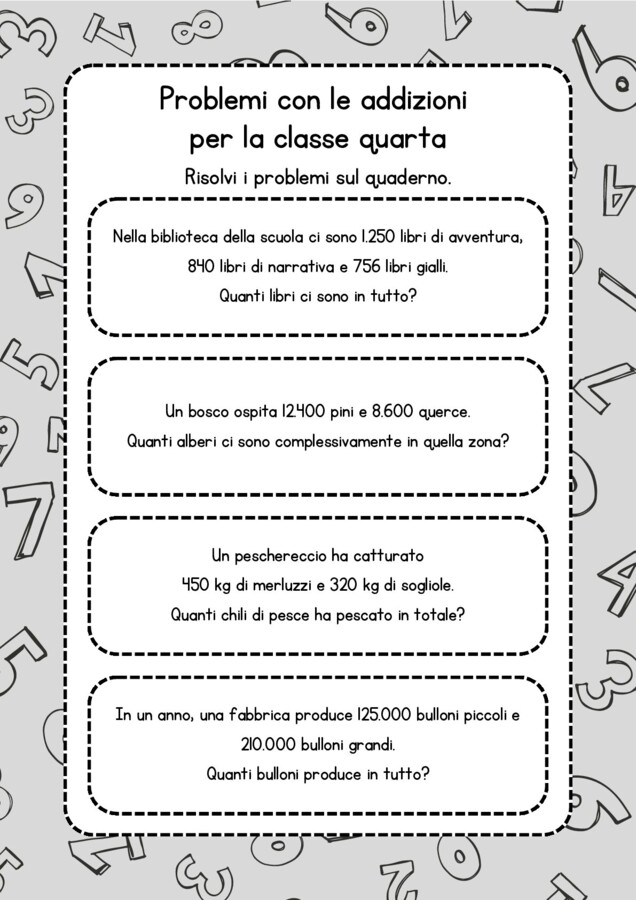 Problemi con le addizioni per la classe quarta