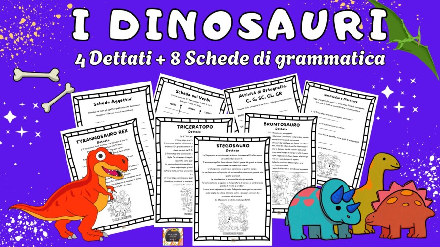 KIT I DINOSAURI: 4 dettati + 8 schede di grammatica