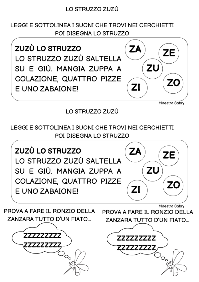 SCHEDE DI CONSOLIDAMENTO SULLA CONSONANTE Z E PICCOLE LETTURE