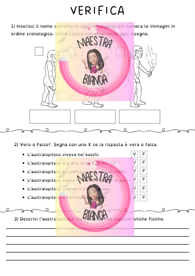 VERIFICA DI STORIA CLASSE TERZA - Australopiteco, Homo Erectus, Homo Habilis