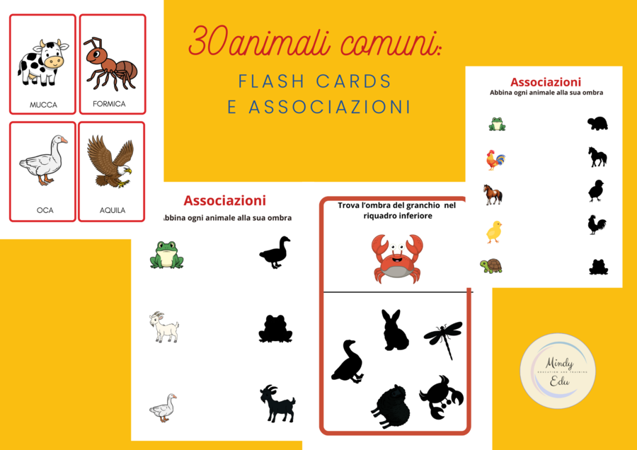 30 animali comuni – Associazioni e ombre | Flash cards e schede didattiche