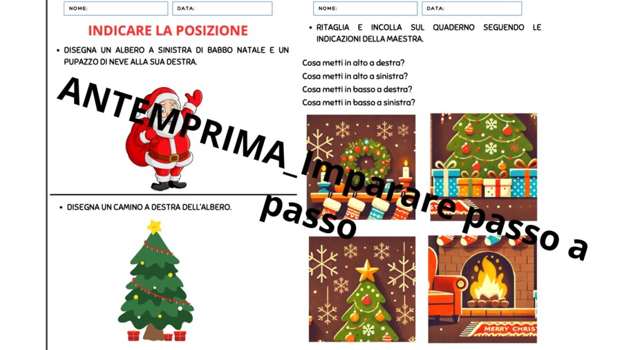 Orientamento nello spazio a tema Natale. Dove si trova? Destra, sinistra, in alto, in basso, sopra e sotto.