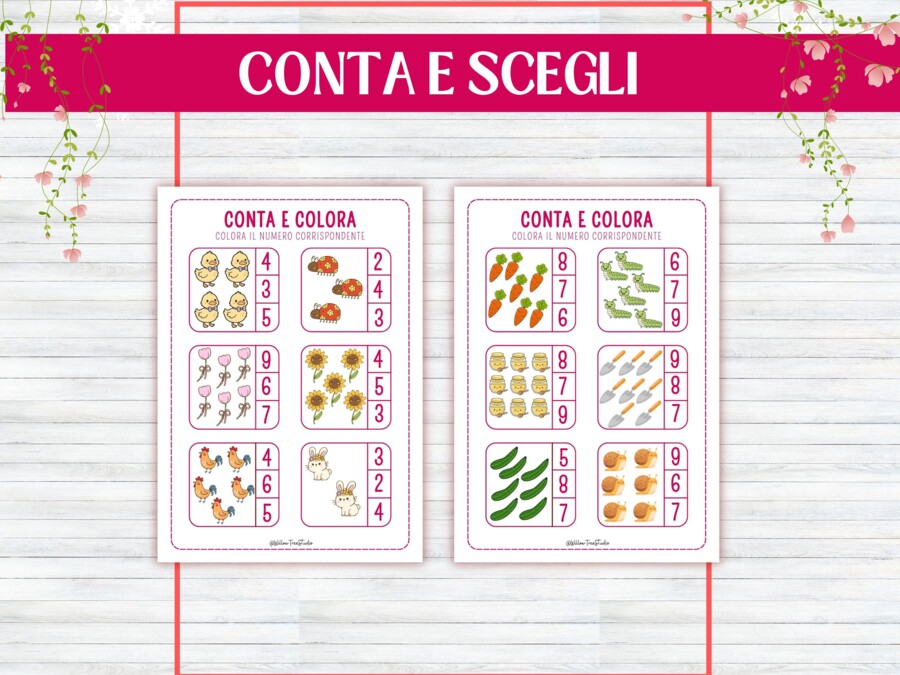 Schede Primaverili Conteggio Matematica per Infanzia e Prima Elementare, Attività Numeri 1–10, Schede Didattiche Stampabili, giochi matematici, conta e collega, conta e colora, gioco I SPY, Early algebra, no prep, 5-6 anni,