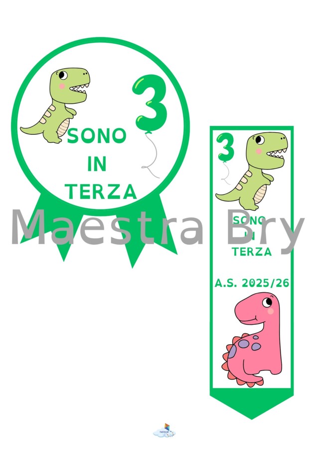 COCCARDA E SEGNALIBRO "SONO IN TERZA" A TEMA DINOSAURI