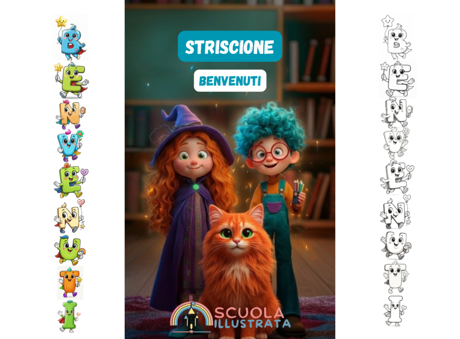 Striscione “Benvenuti” con lettere mascotte