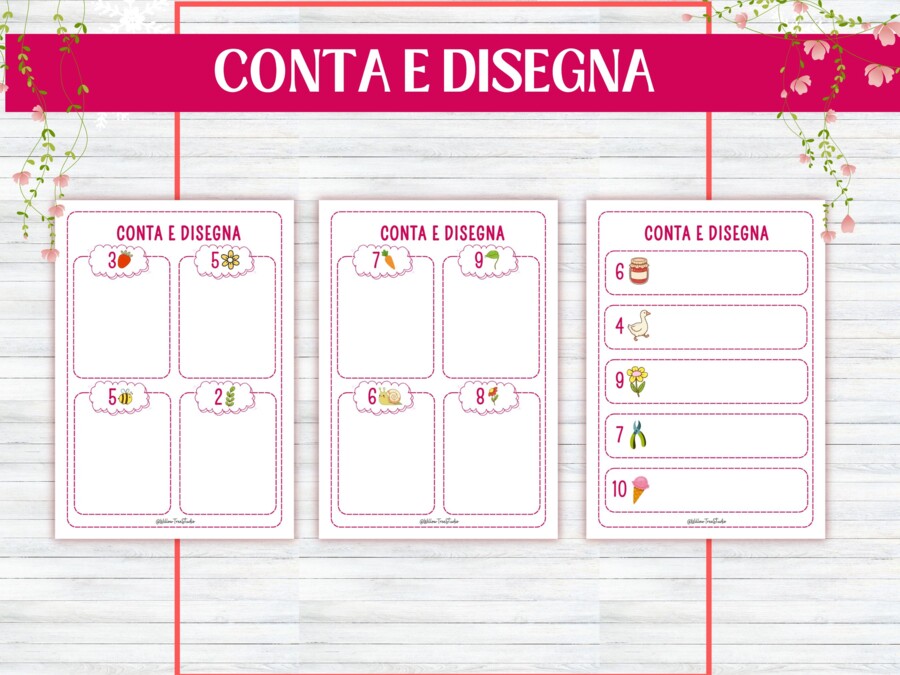 Schede Primaverili Conteggio Matematica per Infanzia e Prima Elementare, Attività Numeri 1–10, Schede Didattiche Stampabili, giochi matematici, conta e collega, conta e colora, gioco I SPY, Early algebra, no prep, 5-6 anni,