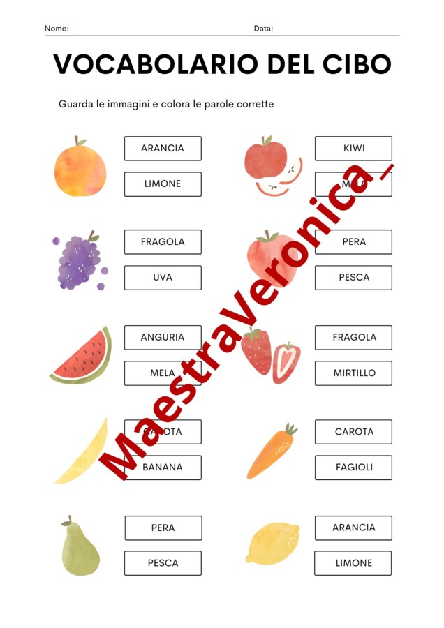 Verifica italiano - Vocabolario del cibo (3 SCHEDE)
