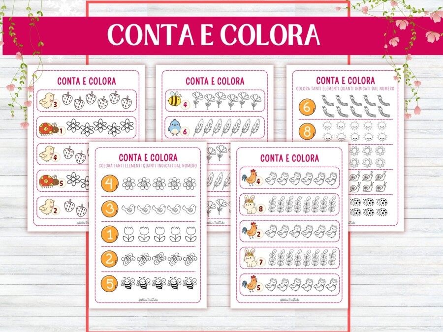 Schede Primaverili Conteggio Matematica per Infanzia e Prima Elementare, Attività Numeri 1–10, Schede Didattiche Stampabili, giochi matematici, conta e collega, conta e colora, gioco I SPY, Early algebra, no prep, 5-6 anni,