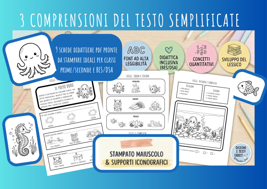 COMPRENSIONI DEL TESTO SEMPLIFICATE - variante estate: animali marini - materiale inclusivo - lettura facilitata per BES/DSA