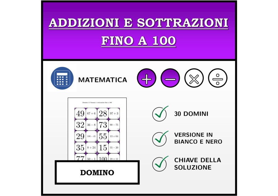 Domino | Addizioni e sottrazioni fino a 100 | Attività Matematica