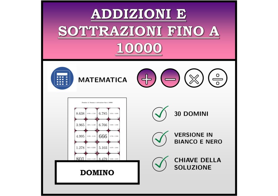 Domino | Addizioni e sottrazioni fino a 10000 | Attività Matematica