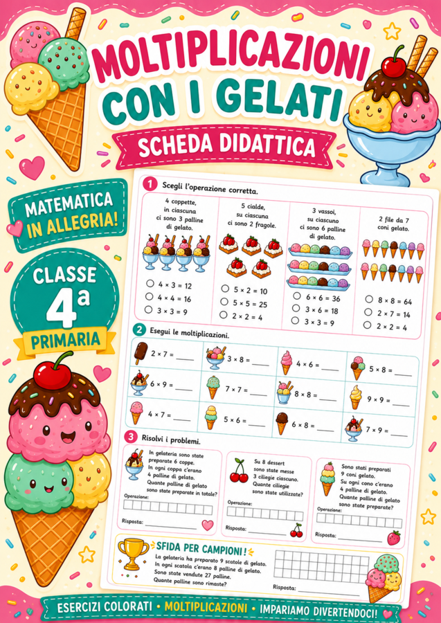 🍦 Moltiplicazioni con i Gelati – Scheda Didattica PDF Stampabile | Classi 3ª–4ª Primaria