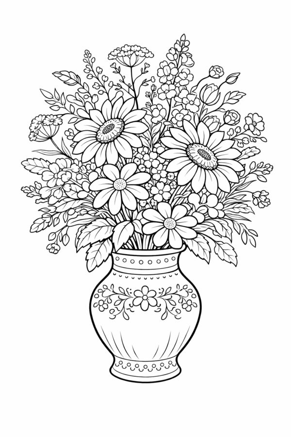 Bouquet di fiori in vaso – disegni da colorare (6 pagine) PDF stampabile (Festa della Donna, Festa della Mamma)