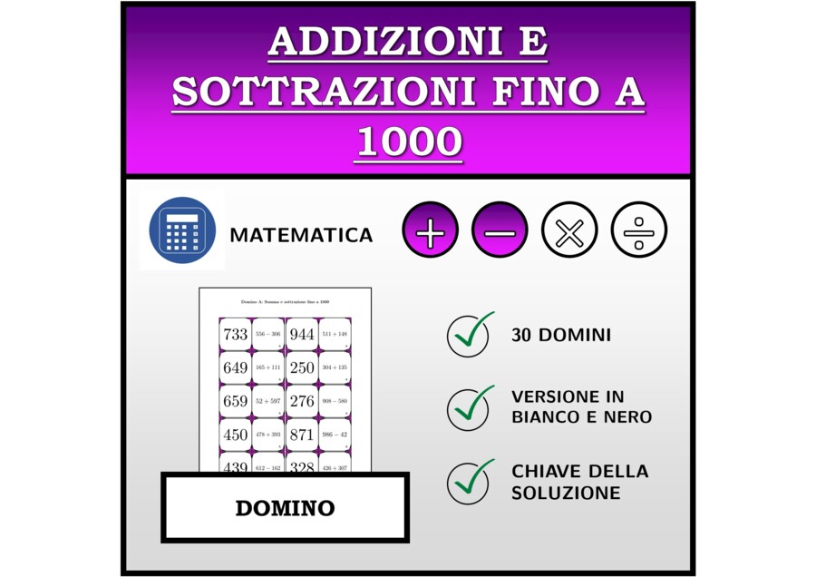 Domino | Addizioni e sottrazioni fino a 1000 | Attività Matematica