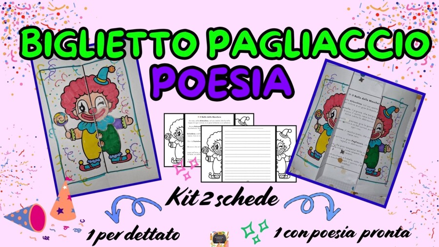 KIT 2 BIGLIETTI PAGLIACCIO con POESIA di Carnevale