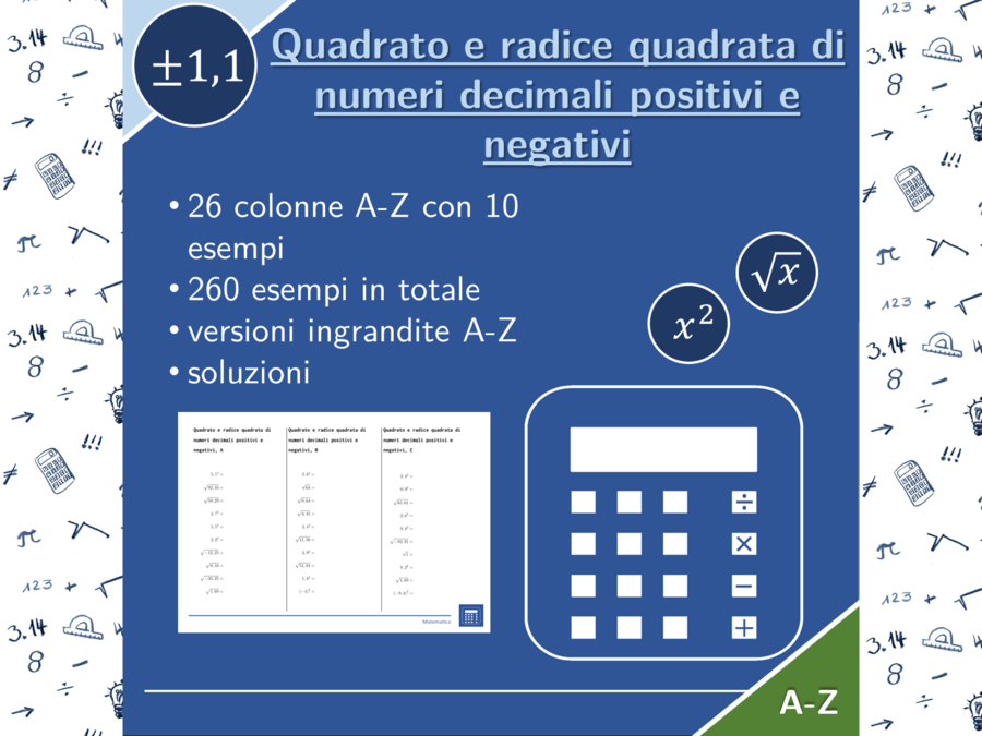 Quadrato e radice quadrata di numeri decimali positivi e negativi | matematica | 26 colonne