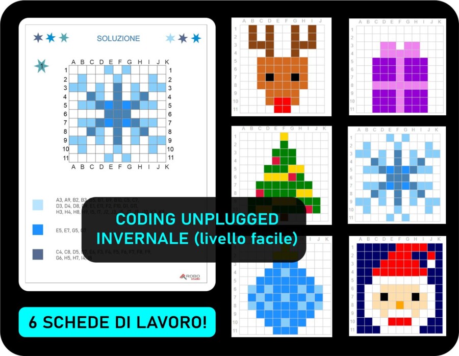 Coding unplugged invernale – carte di attività natalizie: codifica e colora (Inverno, Natale, Babbo Natale, renna, albero di Natale)- 6 schede di lavoro