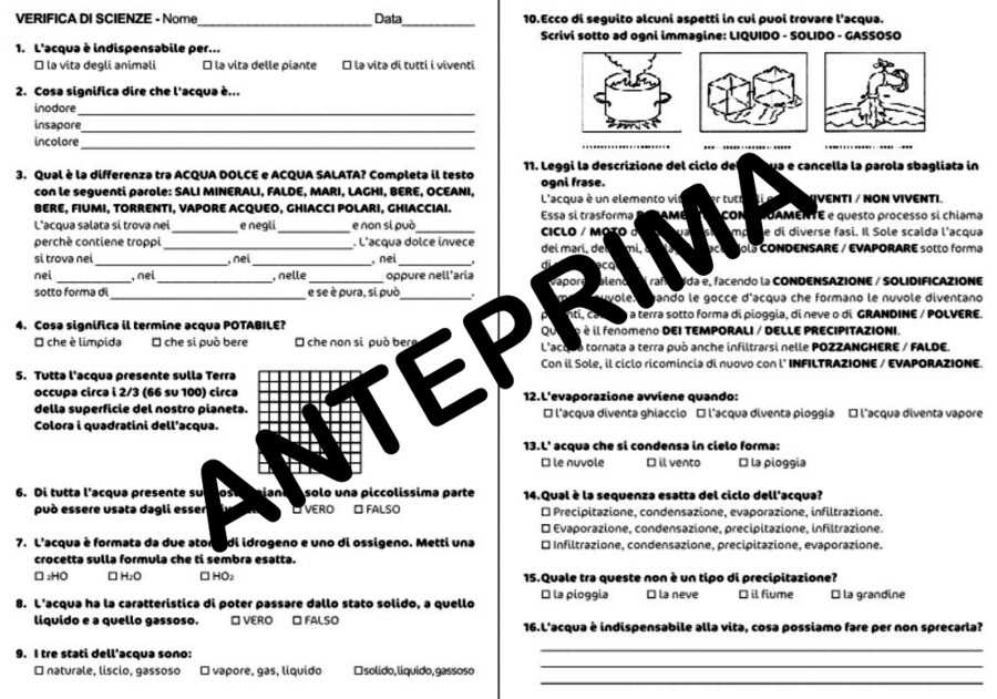 VERIFICA SULL'ACQUA E SUL SUO CICLO - CLASSE TERZA O QUARTA - SCUOLA PRIMARIA