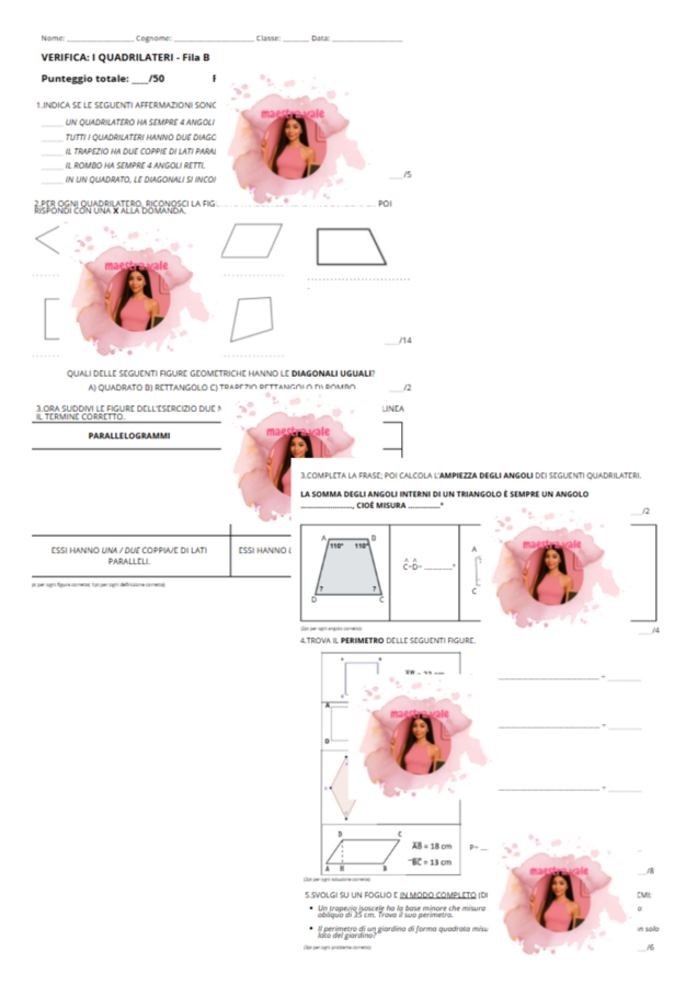 VERIFICA DI GEOMETRIA – I QUADRILATERI (5° PRIMARIA)
