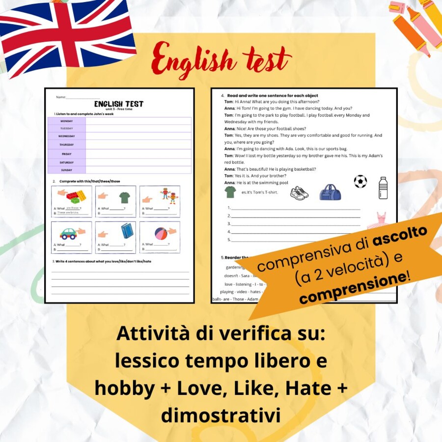 English Test Unit 3: Free Time & Hobbies (Kit Completo con Audio a 2 velocità)