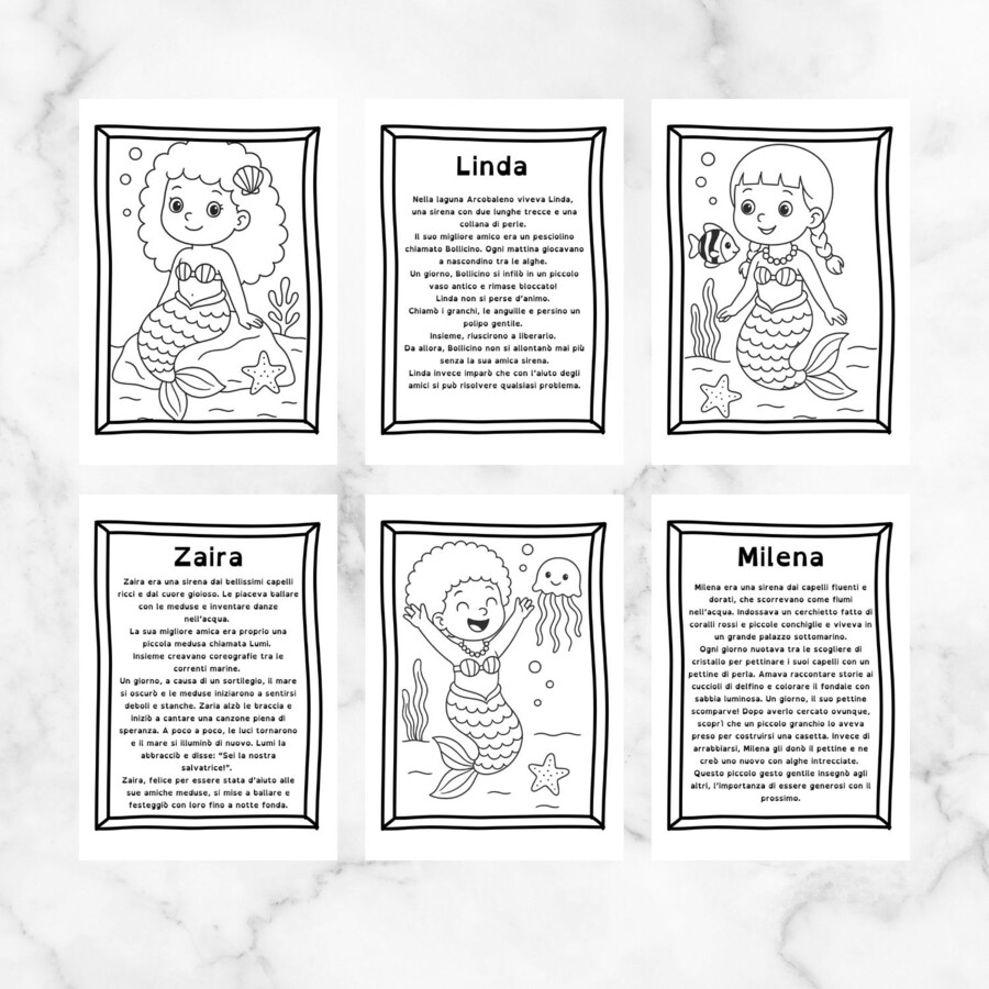 Storie ad alta leggibilità sulle sirene con disegni da colorare