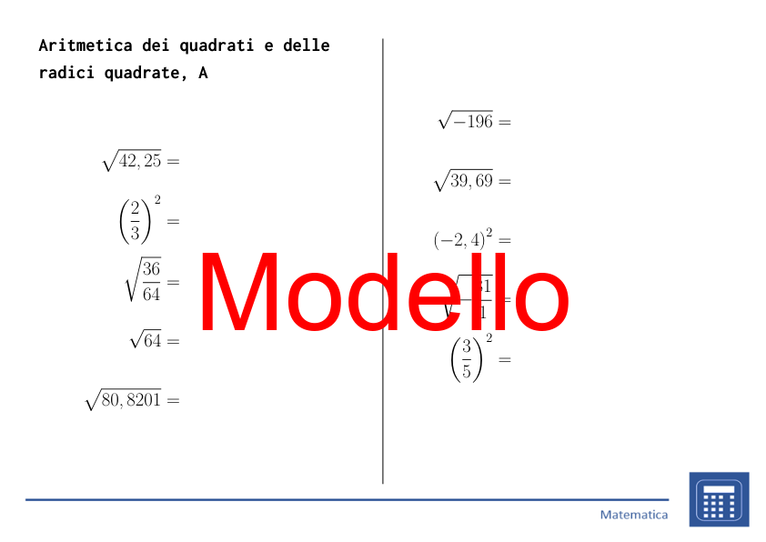 Aritmetica dei quadrati e delle radici quadrate | matematica | 26 colonne