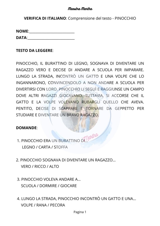 Verifica: comprensione del testo - Pinocchio (anche per DSA)