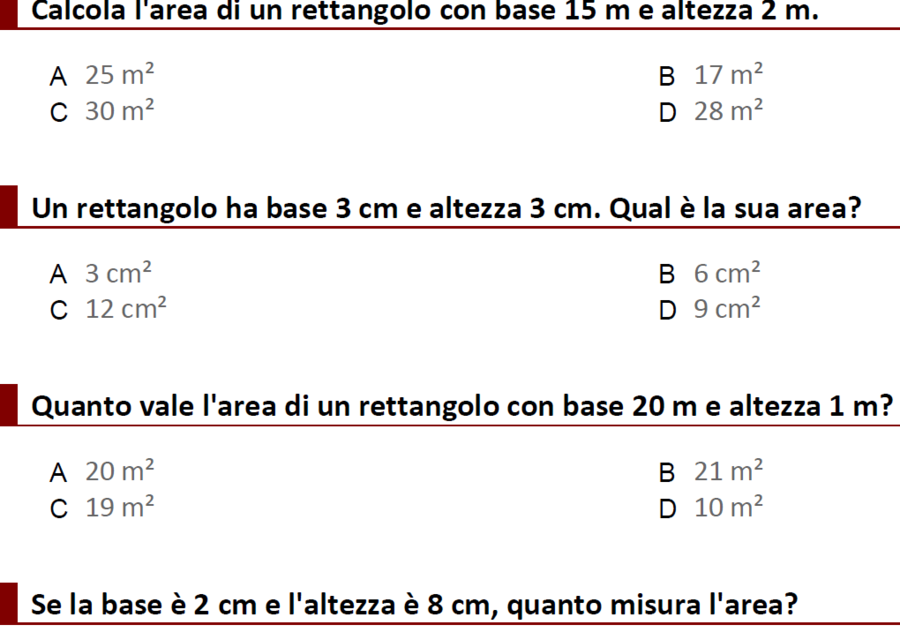 50 esercizi: formule dirette per area del quadrato e del rettangolo