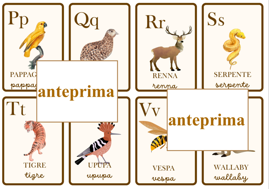 Carte dell'alfabeto degli animali con espansioni per leggere e per scrivere