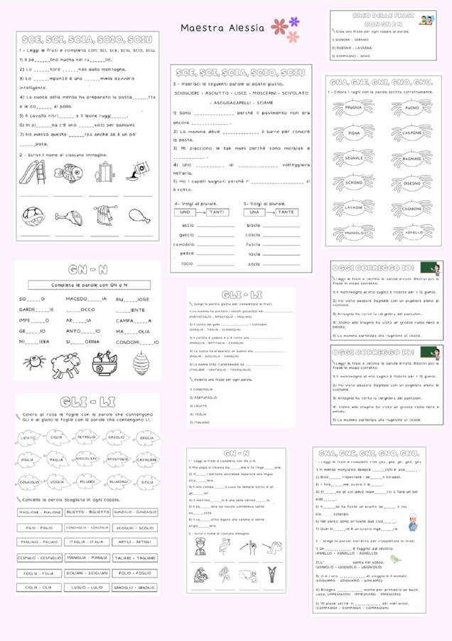 Schede di fine anno di ripasso ortografico (GN, N \ GNA, GNE, GNI, GNO, GNU \ SCE, SCI \ SCIA, SCIO, SCIU)