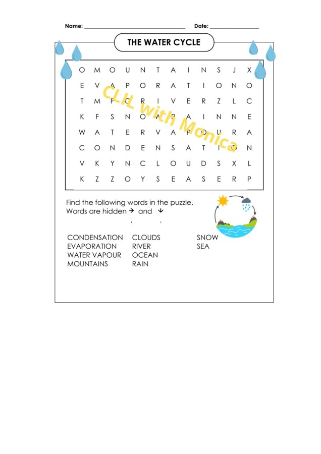 CLIL scienze classe 3 - CLIL Science Year 3 -The Water Cycle wordsearch