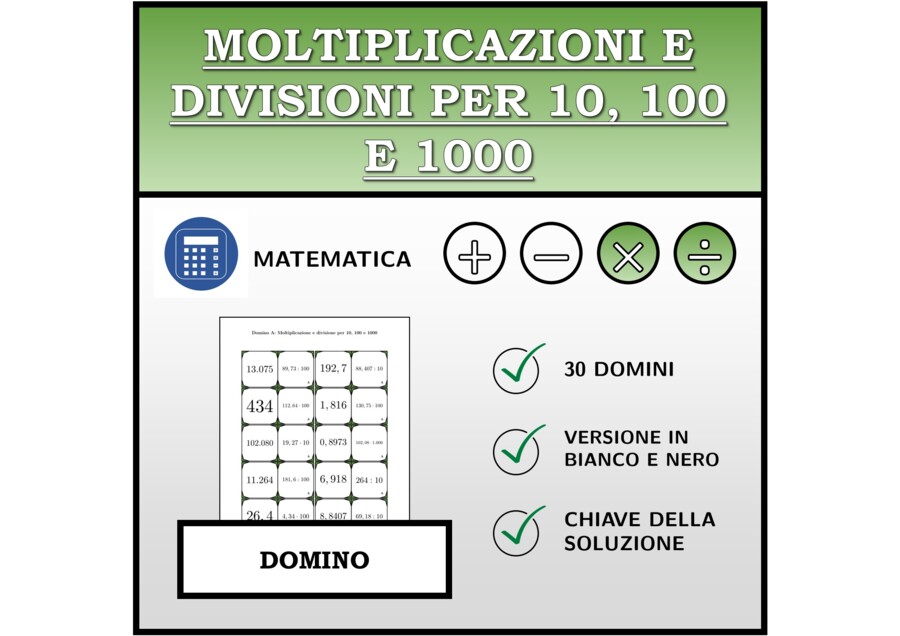 Domino - Moltiplicazioni e divisioni per 10, 100 e 1000 | Attività Matematica
