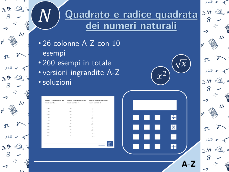 Quadrato e radice quadrata dei numeri naturali | matematica | 26 colonne