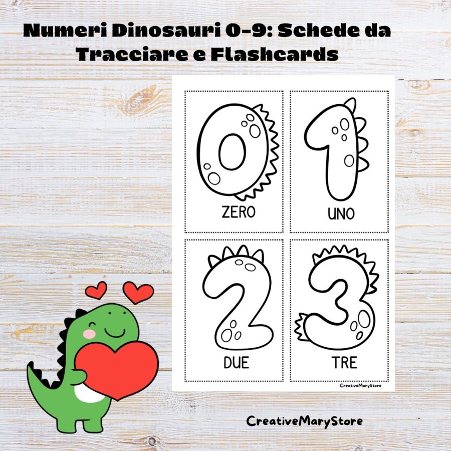 Numeri Dinosauri 0-9: Schede da Tracciare e Flashcards.