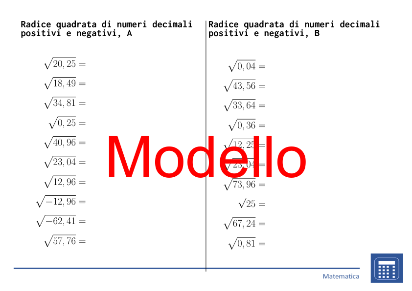 Radice quadrata di numeri decimali positivi e negativi | matematica | 26 colonne