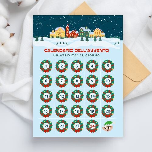 Calendario dell'avvento da stampare con giochi e attività