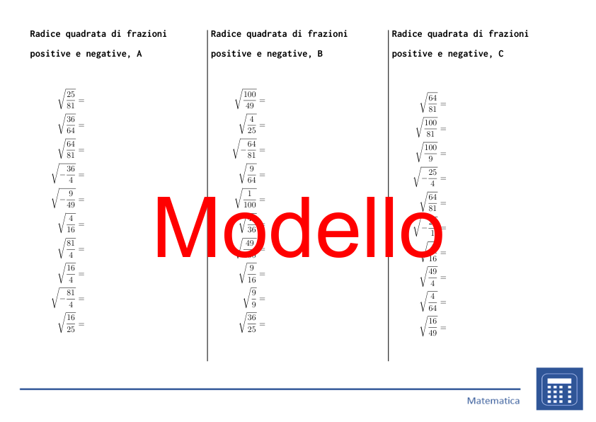 Radice quadrata di frazioni positive e negative | matematica | 26 colonne