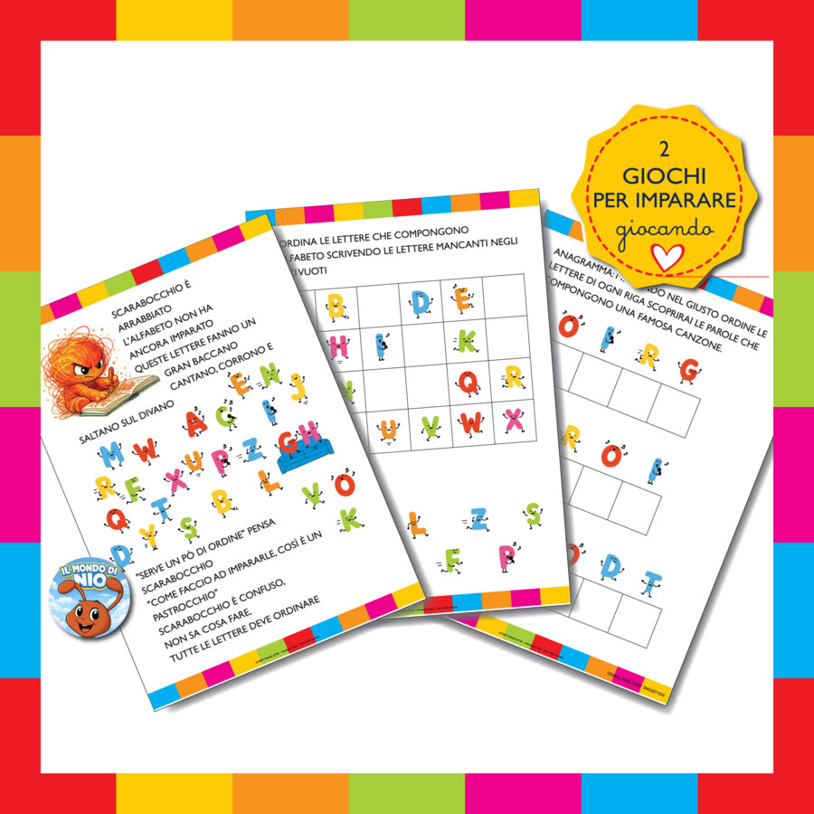 Super Kit Alfabeto Completo PDF Stampabile A4 Verticale – Poster Murali, Pregrafismo, Filastrocche e Giochi con Animali al Lavoro, Nio e Scarabocchio | Scuola Infanzia e Primaria 81 paine totali