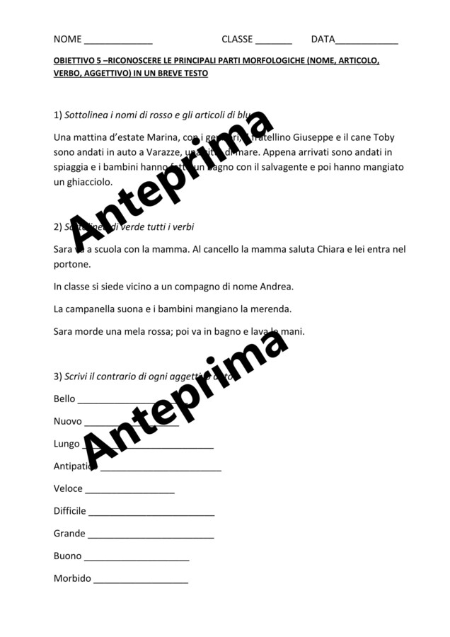PROVE di INGRESSO ITALIANO classe terza